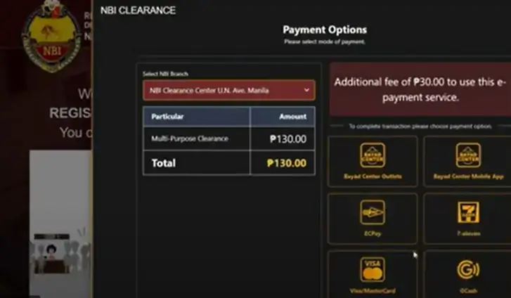 Select Bayad Center as payment option on NBI website